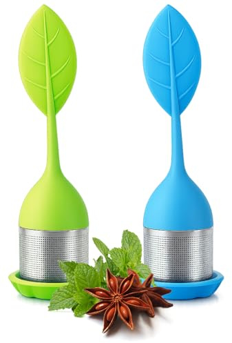 COM-FOUR® 2x boule à thé en inox & silicone - infuseur avec couvercle & sous-verre - passoire à maille fine pour amateurs de thé (2 pièces - Leaf2 vert/bleu)