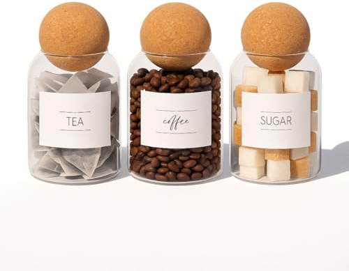 3 x Jars Set Tea Coffee Sugarwith Cork Lids and Sticker Labels - Small Modern Glass Kitchen Food Storage Canister Container Caddy Biscuit Tin Sweet Pot Set with Wooden Lid - by Argon Tableware