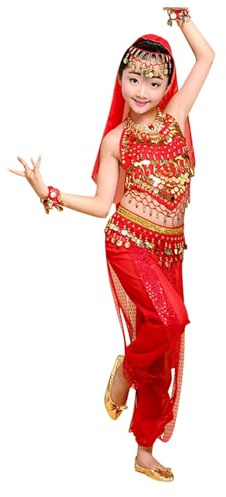Costume Danza del Ventre Bambina Set Completo, 2026 Vestito Danza Indiana Araba con Monete, Top Pantaloni Harem Velo, Abito Principessa Odalisca per Saggio Spettacolo Carnevale e (Red, 3-4 Years)