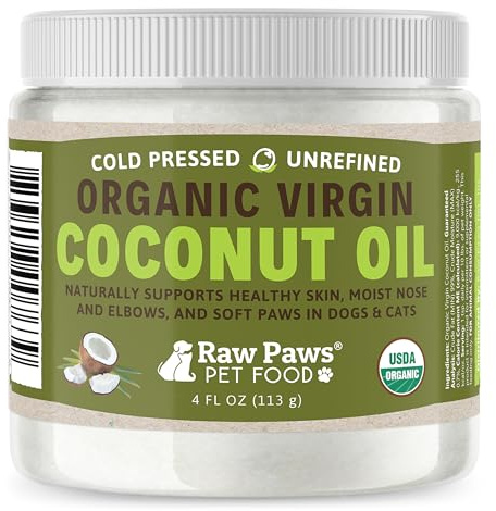 Raw Paws Virgin Organic Coconut Oil for Dogs & Cats, 4-oz - Treatment for Itchy Skin, Dry Nose, Paws - Hot Spot Lotion - Natural Hairball Remedy for Cats
