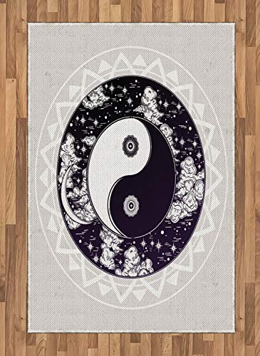 ABAKUHAUS Zen Teppich, Ying Yang Symbol Boho Kunst, Deko-Teppich Digitaldruck, Färben mit langfristigen Halt, 120 x 180 cm, Weiß Beige Schwarz