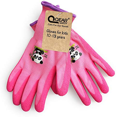 QEARSAFETY Guantes de jardinería para niños de 4 a 7 años y 8 a 10 años de edad Palma de goma para resistencia al agua y a la suciedad (10-13 years old, Pink)