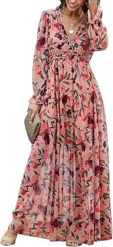 May Story - Robe Fluide Femme Volante, Multicolore, Large, Taille Unique, Mousseline, Florale, Bohème, Col V, Manche Longue, Maxi, Décontracté, Fête, Nettoyage à Sec Seule, Robe, Femme, 111 cm, 85 cm