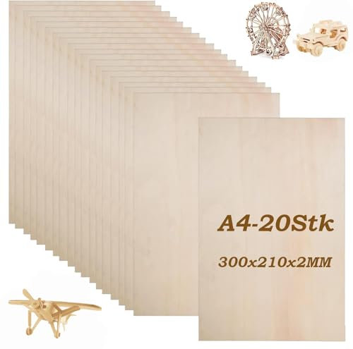 JMIATRY 20 Pezzi Compensato 2mm, A4 Pannelli Legno, 30 x 21 cm Legno Compensato di Tiglio per Modellare, Pannelli Taglio Laser, Pirografia