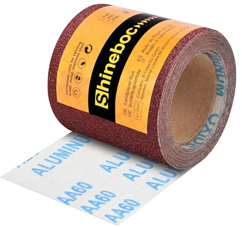 Shineboc Schleifpapier Rolle 115 mm x 10 m Körnung 60 für Hartholz, Farbe auf Holz für Handschleifer Schwingschleifer