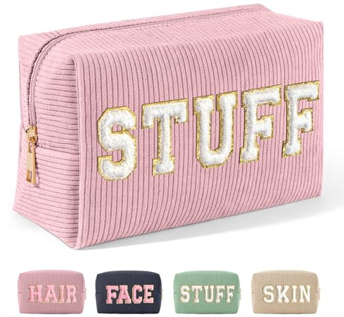 MAGEFY Cord Make up Tasche Chenille Letter Schminktasche Klein Kosmetiktasche mit Fächern Reise Kleine Make up Tasche für Handtasche, Rosa-Stuff