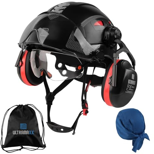 UM ULTRAMAXX Safety Helmet with Built-in Visor Ear Muffs Kits, Hard Hat with Vented Design, ANSI Z89.1 Certified, Ideal for Industrial and Construction, Black