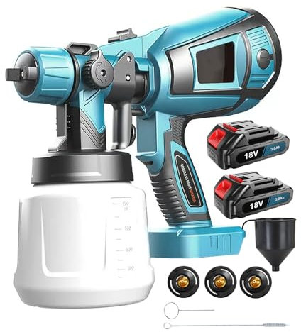 18V Cordless Paint Sprayer, Fence Paint Sprayer, Spray Gun for Home DIY Painting Cabinet Garden 3 Nozzles (1.0/1.8/2.5mm) 3 Spray Patterns 1000ml Detachable Tank 3.0AH Battery*2