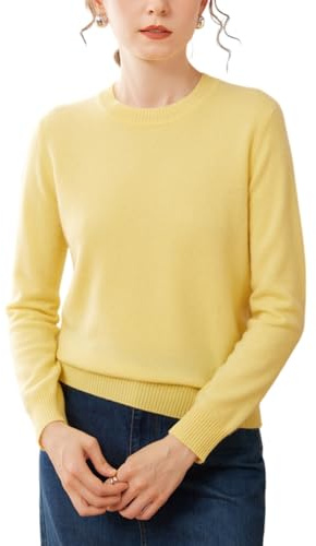 DISSA Pull Cachemire Femme Jaune Col Rond Solide Couleur Tricoté en Vrac Manches Longues Fin Pull en Cachemire et Laine,EU 36,SPR2449