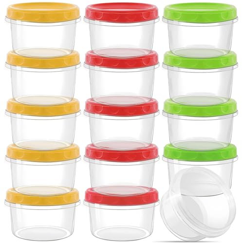 Hikrxya Lot de 15 Petit Boîtes à Repas Alimentaires Rondes 250 ml, Réutilisables Transparent Récipients Alimentaires avec Couvercles Passent Lave-vaisselle Micro-ondes Congélateur (Rouge/Vert/Jaune)