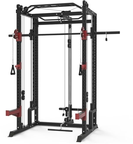 Train Hard® Smith Machine Power Rack Multipresse Station de musculation, presse à jambes, traction, traction latte, barre de dip, rameur, haltère longue et accessoires, modèle 2024 (C : 1F09766S6TH)