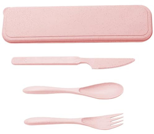 Travel Cutlery Set with Case, Portable Reusable Plastic Cutlery Small Travel Fork Knife Spoon Flatware BPA Free Tableware Set for Camping Picnic School Office Lunch Daily Use (Pink)