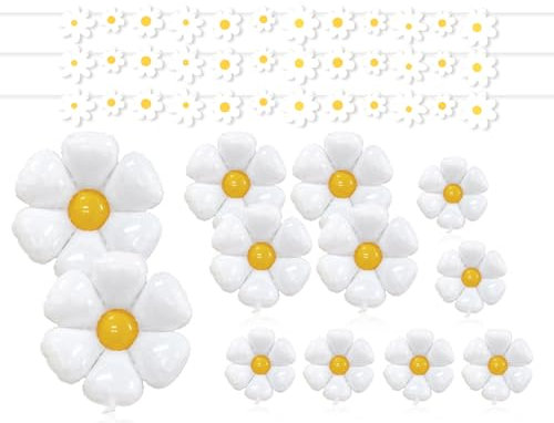 Lhbwhiz 15 Stück Gänseblümchen Deko Set,Blumen Luftballons,Folienballon,Riesenblumen ballons,Geburtstagsdeko Banner,modellierballons,für Party Baby Dusche Hochzeit Geburtstag Shower Dekoration(Weiße)