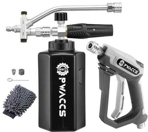 PWACCS Pressure Washer Foam Gun with Dual Connector Accessory, Short Power Washer Gun Foam Cannon and Double Tip Attachment Car Wash Kit, 1/4 Quick Connector, M22 Male Inlet, 4000 PSI, 1.5 Liter