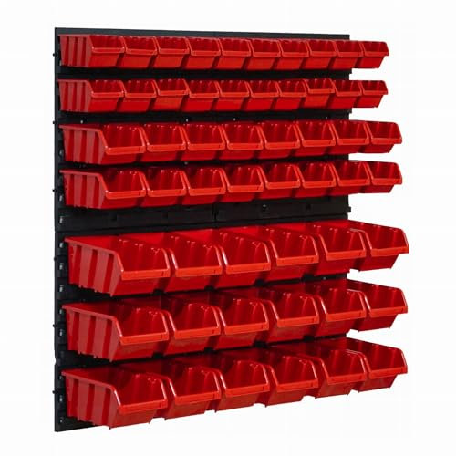 Lot de 58 boîtes empilables et 4 étagères murales de 39 x 38 cm | Panneau perforé pour un rangement flexible | Porte-outils pour atelier, garage et maison | Rangement facile