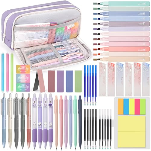 DazSpirit 61 Pezzi di Forniture Scolastiche con Astucci, 12 Evidenziatori Pastello, 4 Penna Gel Cancellabile, 5 Penne a Gel, 6 Portamine, Set di Cancelleria per Studenti, Appunti e Diario (Viola)
