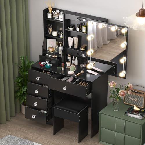 Ereousa Postazione Trucco con Sgabello e Specchio, Toilette Trucco con Luci, Luminosità regolabile, Toletta da Trucco con 6 Cassetti, 6 Ripiani, Nero 36x80x131cm, H010630