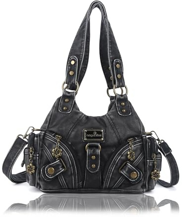 Angel Kiss Purses for Women Small Hobo Shoulder Bags Vagen Leather Multi-Pocket Tote Bag with Zipper (Retro Black)
