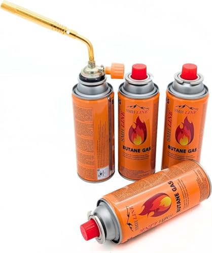 SMH LINE® Gasbrännare inkl. 4 x gaspatroner 227 g lödlampa, universalbrännare bunsenbrännare 1371 °C lödbrännare 1760 W flamberare, ogräs, svetsbrännare (brännare med 4 x gas)