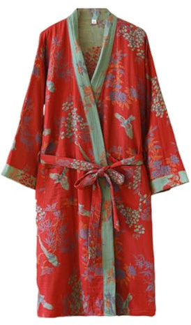 Cotton Double Gauze Traditional Hanfu Midi-length Nightdress Printing Tie-belt Bathrobe Loose Pajamas Comfortable Nightgown Sweat Steaming Yukata Sauna Suit Sleepwear Kimono for Women Large(Red Bird)