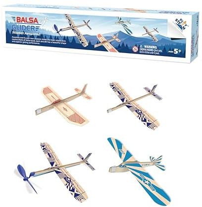 PLAYSTEM Balsa Wood Airplane Kit - 4 Pack Model Gliders & Rubber Band Powered Planes | Outdoor Toy Set for Kids | STEM Learning Airplanes | Easy Assembly No Glue Needed