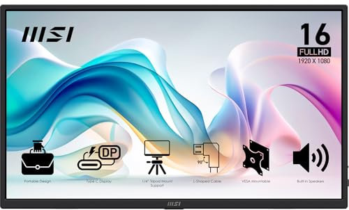 MSI Pro MP165 E6 Tragbarer Monitor 15,6 Zoll Full HD – IPS-Panel 1920 x 1080, 60 Hz, 4 ms, Lautsprecher und integriertes Mikrofon, HDMI 2.0b, USB Typ-C (PD 15 W), VESA-kompatibel, Schwarz