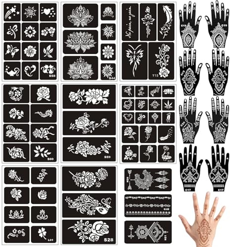 Juego de 19 plantillas de tatuaje de henna, reutilizables, para mujeres, niñas y niños, 180 unidades, temporales indios árabes árabes con purpurina, plantillas para tatuajes faciales, pintura corporal