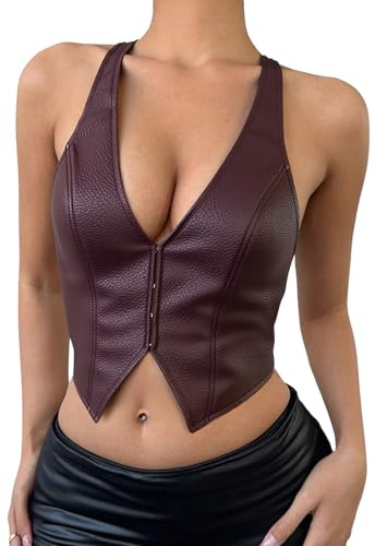 Maeau Women Vest Leather Sleeveless Crop Top Halter Tank Tops Gothic Punk T-Shirts Camisole Red M