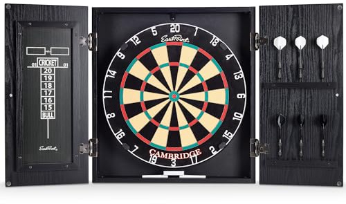 EastPoint Cambridge Bristle Dart Board Cabinet Set - 39.5 in x 22 in, Pack of 1 - Official-Size Self-Healing Dartboard - 6-Piece Steel Tip Darts Set - Scoreboard & Holders for Game Room