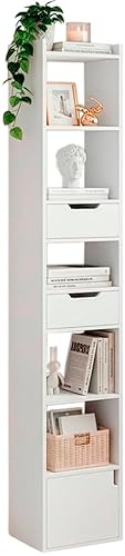 Marctani Libreria Estanteria Blanca con 6 Niveles y 3 Cajones - Estanteria Libros de Madera MDF - Libreria Estrecha y Alta con Almacenaje para Dormitorio, Salon, Baño. Book Shelf 33 x 24 x 181 cm