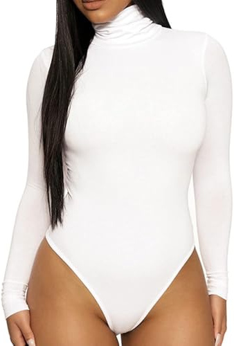 XFSRG Body Donna Manica Lunga Elegante Collo Alto Bodysuit Sexy Aderenti a Maniche Lunghe Caldo Casuale Jumpsuits Basic Tops (Bianco/M)