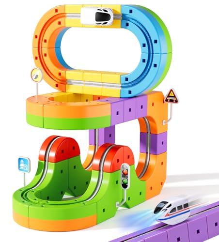 Wdebay KlickRail - Set ferroviario elettrico flessibile, 48 pezzi con auto motorizzate e layout 3D non gravitazionali, per bambini 3-8 anni 3-5, 6-7 anni