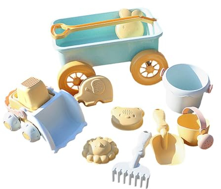 BEALIFE Set da gioco per bambini con carriola da spiaggia e giocattolo traino, dotato di escavatori, pale e divertenti accessori per avventure nella sabbiera. Carriola spiaggia per bambini con tanica
