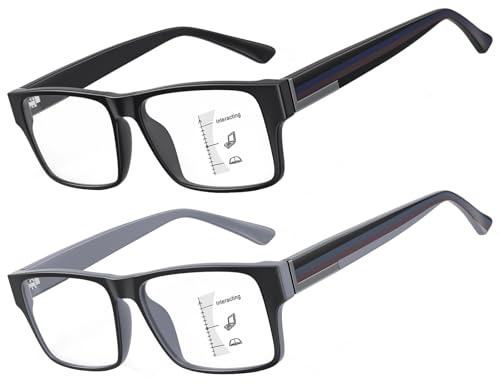 Missfive 2 Pack Unbreakable Varifocal Reading Glasses Men TR90 Progressive Multifocus Reading Glasses, Thick Frame Blue Light Blocking Glasses No-Line Multifocal Eyeglasses, 2.5x