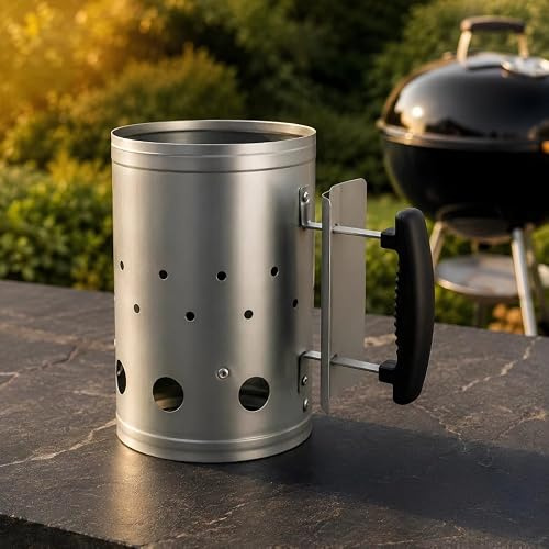 BBQ Charcoal Chimney Starter 27cm, Steel Fast Fire Lighter with Ventilation Holes, Heat Shield and Handle for Barbecue Grill, Camping, Garden and Outdoor Cooking