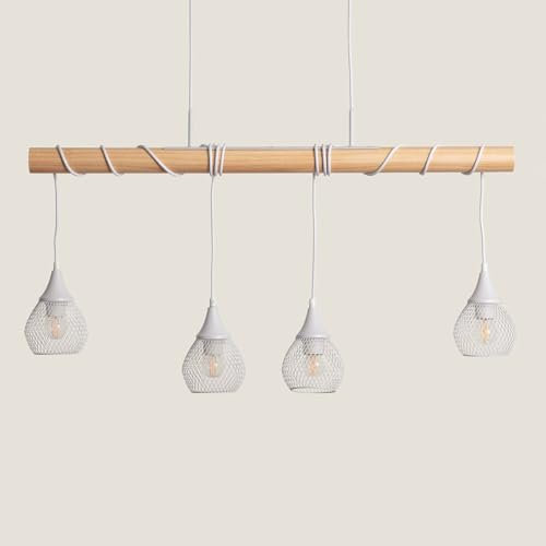 LEDKIA LIGHTING - Suspension Métal et Bois Monah | Design Scandinave | Utilise Ampoules LED E27 | Câble Réglable | Pour Intérieur, Blanc, Bois