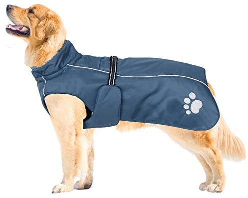 MOREZI Hundejacke Mantel, Winddicht wasserdicht, mit reflektierenden Streifen und einstellbarem Kordelzug, Wolleinlage, warm und bequem-Navy blau-XL