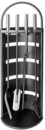 ADGO Set da Camino Attrezzi da Caminetto Stufa Camino 5 pezzi: Supporto, Poker, Spatola, Spazzola, Pinze, Acciaio Inossidabile Forgiato in Metallo Moderno, Nero e Argento