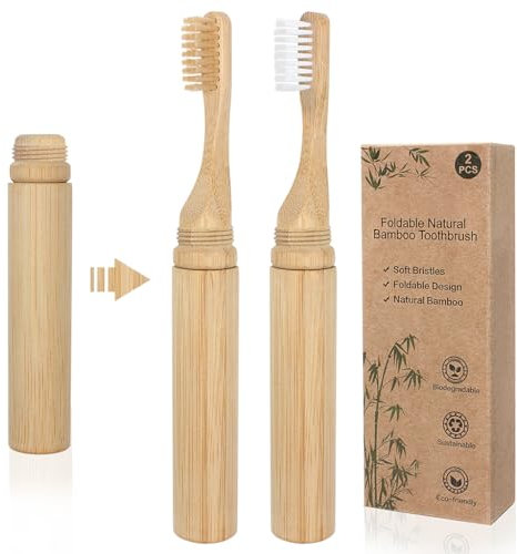SWKJ Portable Bamboo Toothbrushes, 2 Pcs Organic Natural Folding Bamboo Toothbrush with Soft Bristle, Eco-Friendly Toothbrush for Home, School, Business Trip, Travel, Camping