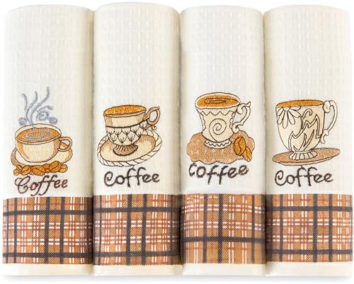 Lavien Home, Toallas de Cocina para Platos, paños Decorativos de café (Juego de 4), Tejido de gofre de algodón Turco, Toallas de Barra Bordadas de 16 x 24 Pulgadas
