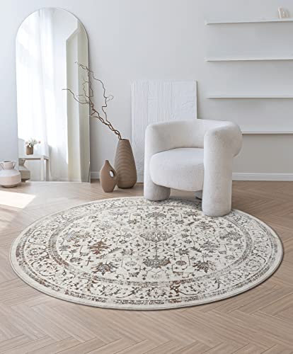 the carpet Mila - moderner Kurzflor Teppich, Wohnzimmer, Schlafzimmer, Eleganter Glanz, Glanzfaser, Hoch-Tief Effekt, Bordüre, Creme, 200 cm Rund