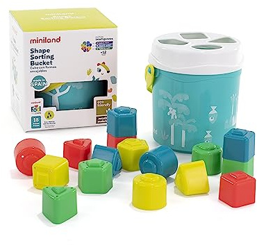 Miniland Cubo de Formas encajables Turquesa. Juego de Habilidad para bebés de 1 a 2 años, Fabricado en España con Materiales sostenibles. Colección Feel to Learn.