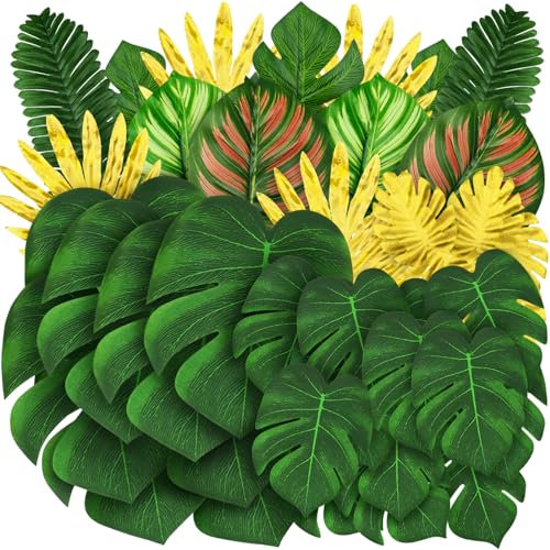 QUOZUO Jungle Party Decorations, 50 Pieces 8 Kinds Palm Leaves Artificial Tropical Monstera, Jungle Leaf with Stem for Jungle Hawaiian Luau Party Table Decoration Wedding Birthday, Green and Gold