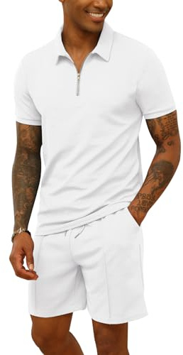 CTU Chándal para hombre, camisa polo y pantalones cortos, 2 piezas, traje de verano, ropa deportiva, blanco, L