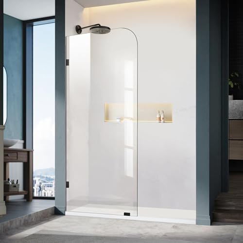 30 W ×78 H Shower Glass Panel, Frameless Fixed Glass Shower Panel with Clamps, 3/8(10mm) Thick Clear Tempered Glass Shower Door, Bathroom Shower Screen in Matte Black