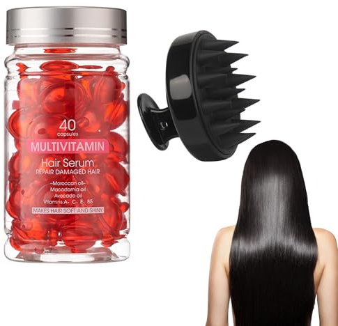 Olio Vitaminico per Capelli Con Spazzola Massaggiante - 40 Capsule Di Olio per Capelli, Arricchito Con Oli Di Argan, Macadamia E Avocado - Per Capelli Danneggiati, Secchi E Crespi