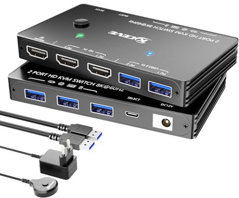 HDMI KVM-switch 2 PC 1 x bildskärm 8K @ 60Hz 4K @ 120Hz, ESKEVE USB3.0 KVM-switch för 2 PC-delningar, 1 bildskärm och 3 USB 3.0-enheter, med USB-kabel, strömadapter och fjärrkontroll via