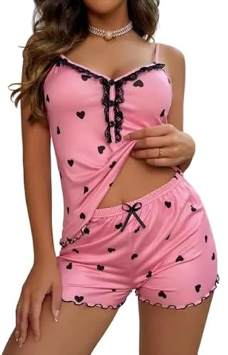 GIVTULIP 2 Piezas Sexy Pijama para Mujer Conjuntos de Pijamas Corta de Encaje Satén Camisola Superior de Pantalones Cortos V Cuello Ropa de Dormir Erotica Lencería Sin Mangas Cami Top Short Camisón