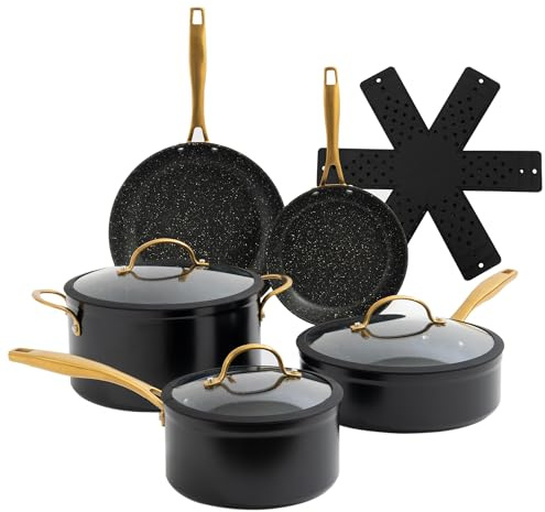 Induction Base Nonstick Pots & Pans Set 9pc Non Stick Kitchen Cookware Black and Gold Saucepan Pot and Frying Pan