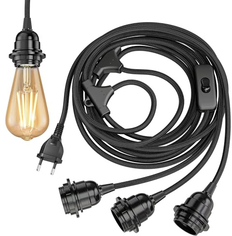 ledscom.de Textilkabel LEKA, stickpropp, strömbrytare, svart, 8 m, lamputtag, 3x E27 max. 60W